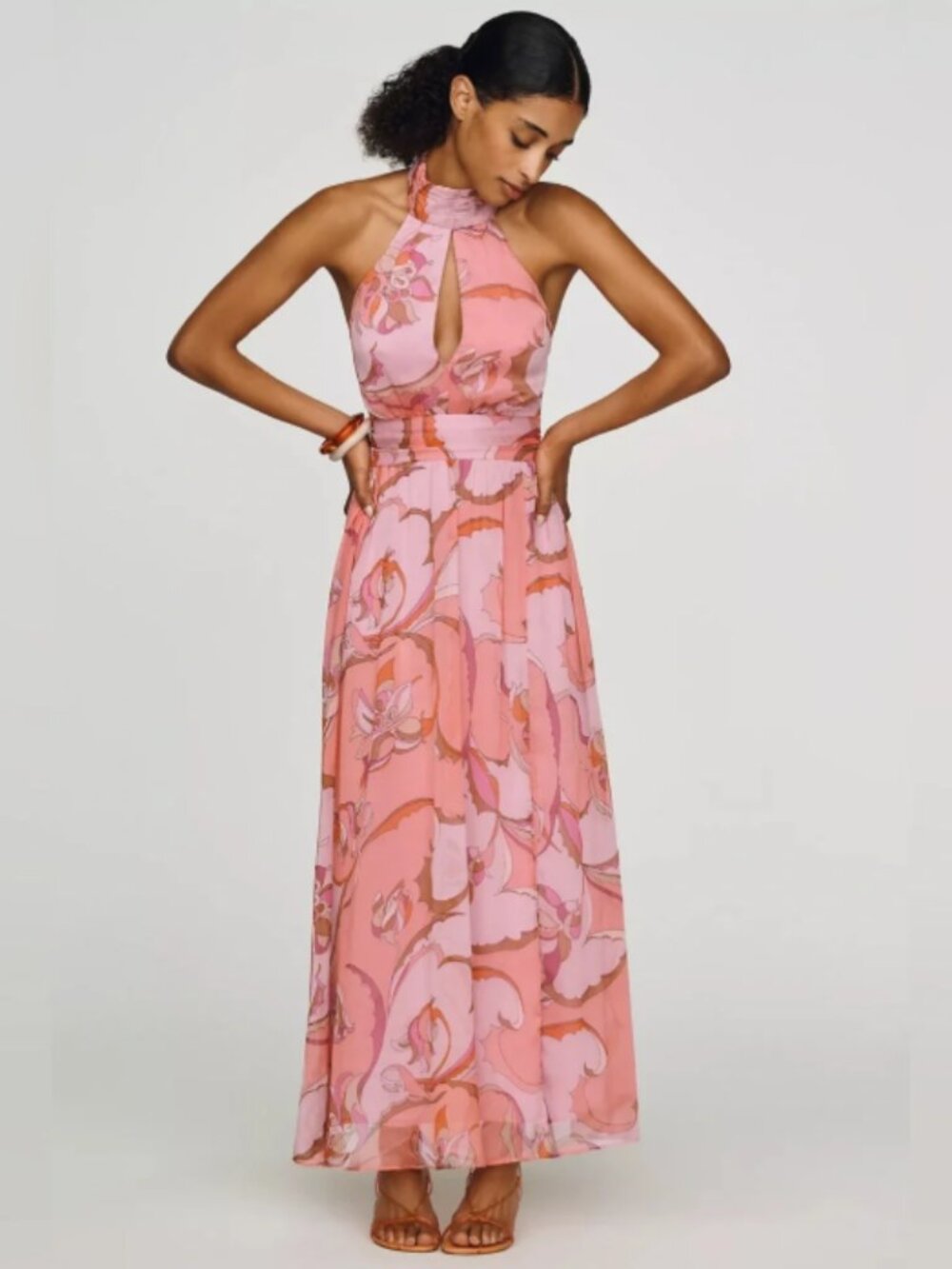 NWT Anthropologie Maeve Cutout Halter Maxi Dress in Pink Floral Combo